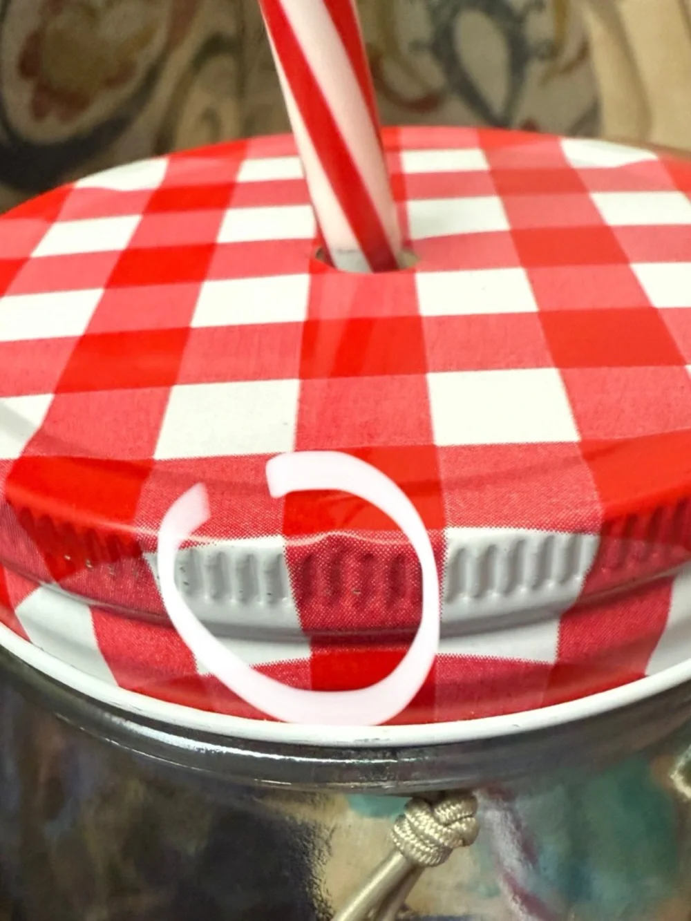 NWT The Pioneer Woman Clear Mason Jars with Red Gingham Lid and Striped Straw